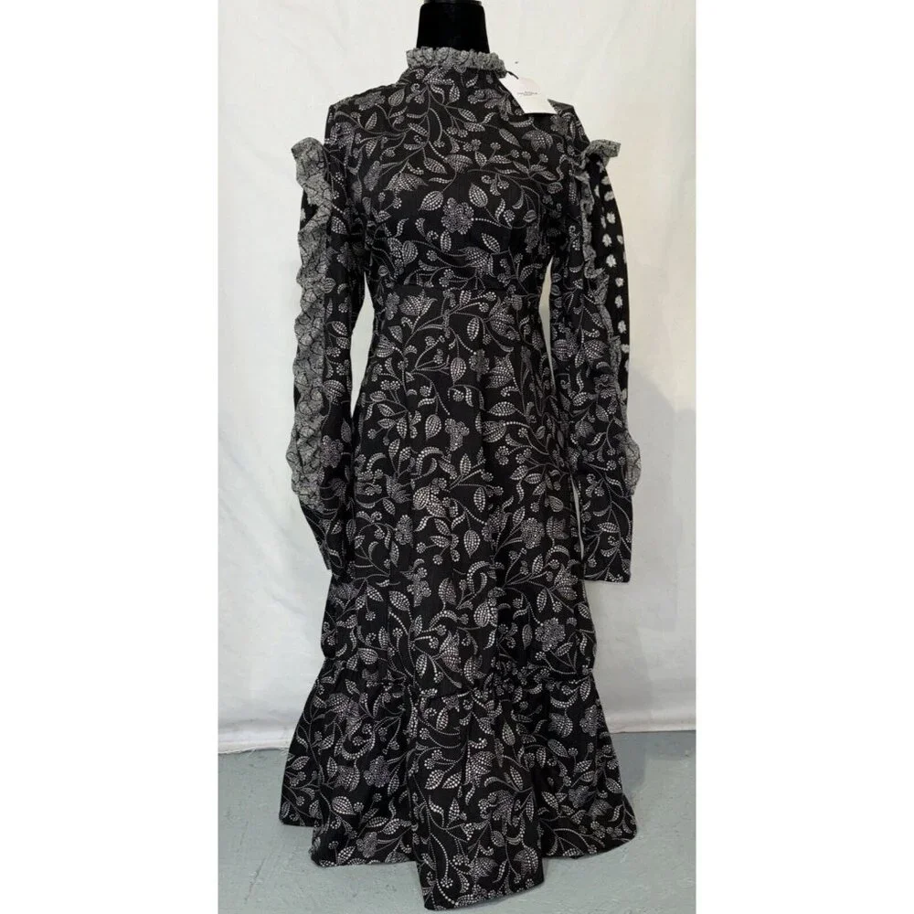 NWT Isabel Marant Etoile Black White Floral Dress Ruffles  Zip Long Sleeve Sz 36 - Picture 3 of 16